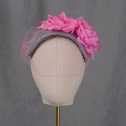 Grey and Pink Bandeau Headband Fascinator with Flowers and Net Veil