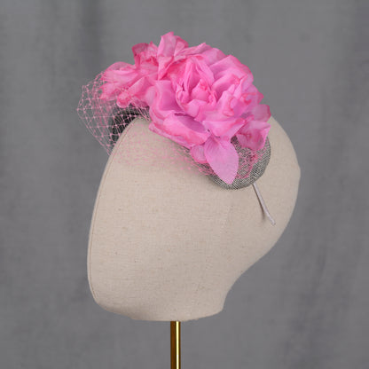 Grey and Pink Bandeau Headband Fascinator with Flowers and Net Veil