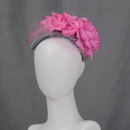 Grey and Pink Bandeau Headband Fascinator with Flowers and Net Veil
