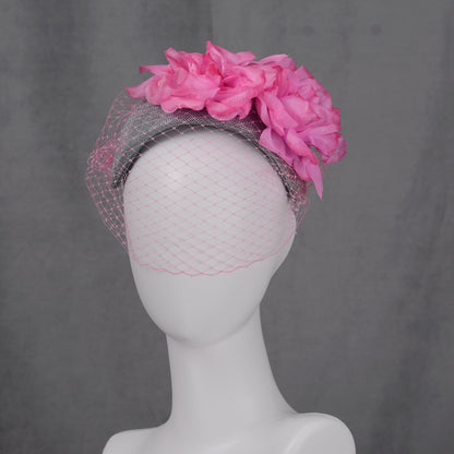 Grey and Pink Bandeau Headband Fascinator with Flowers and Net Veil