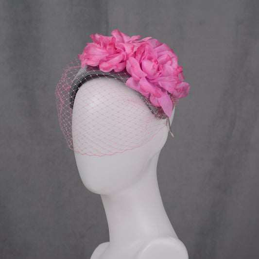 Grey and Pink Bandeau Headband Fascinator with Flowers and Net Veil