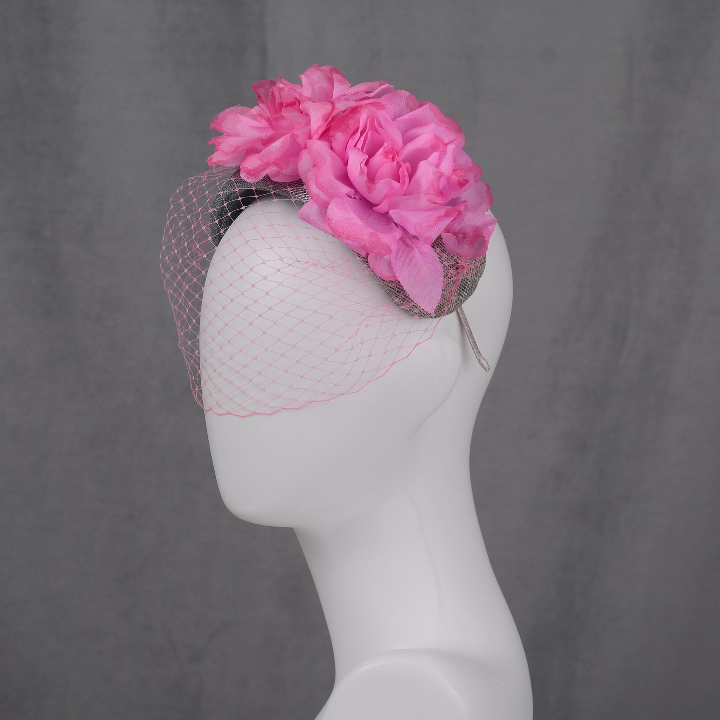Grey and Pink Bandeau Headband Fascinator with Flowers and Net Veil