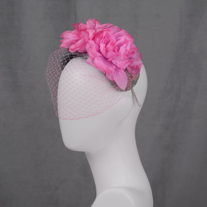 Grey and Pink Bandeau Headband Fascinator with Flowers and Net Veil