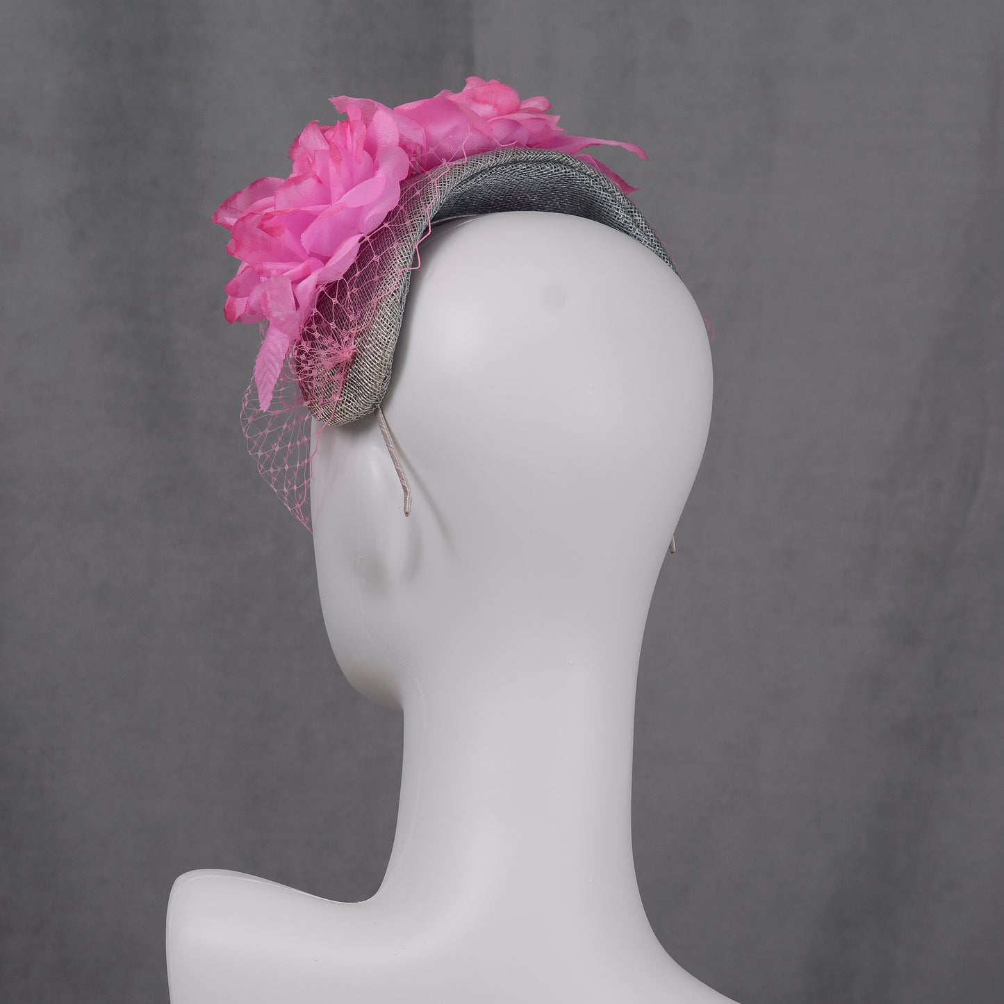 Grey and Pink Bandeau Headband Fascinator with Flowers and Net Veil