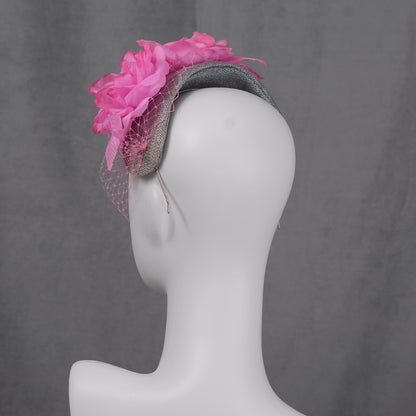 Grey and Pink Bandeau Headband Fascinator with Flowers and Net Veil