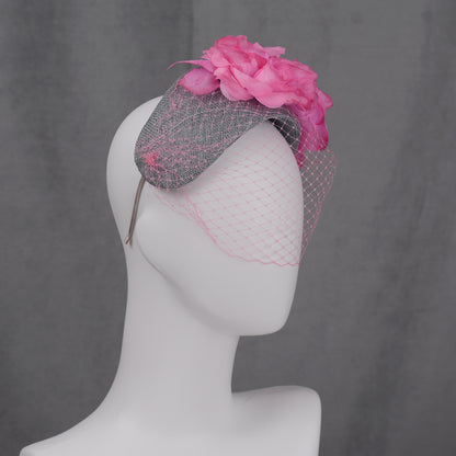 Grey and Pink Bandeau Headband Fascinator with Flowers and Net Veil