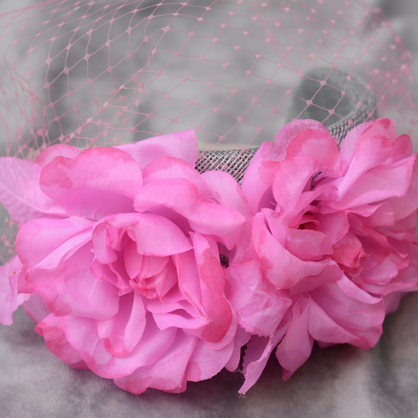 Grey and Pink Bandeau Headband Fascinator with Flowers and Net Veil