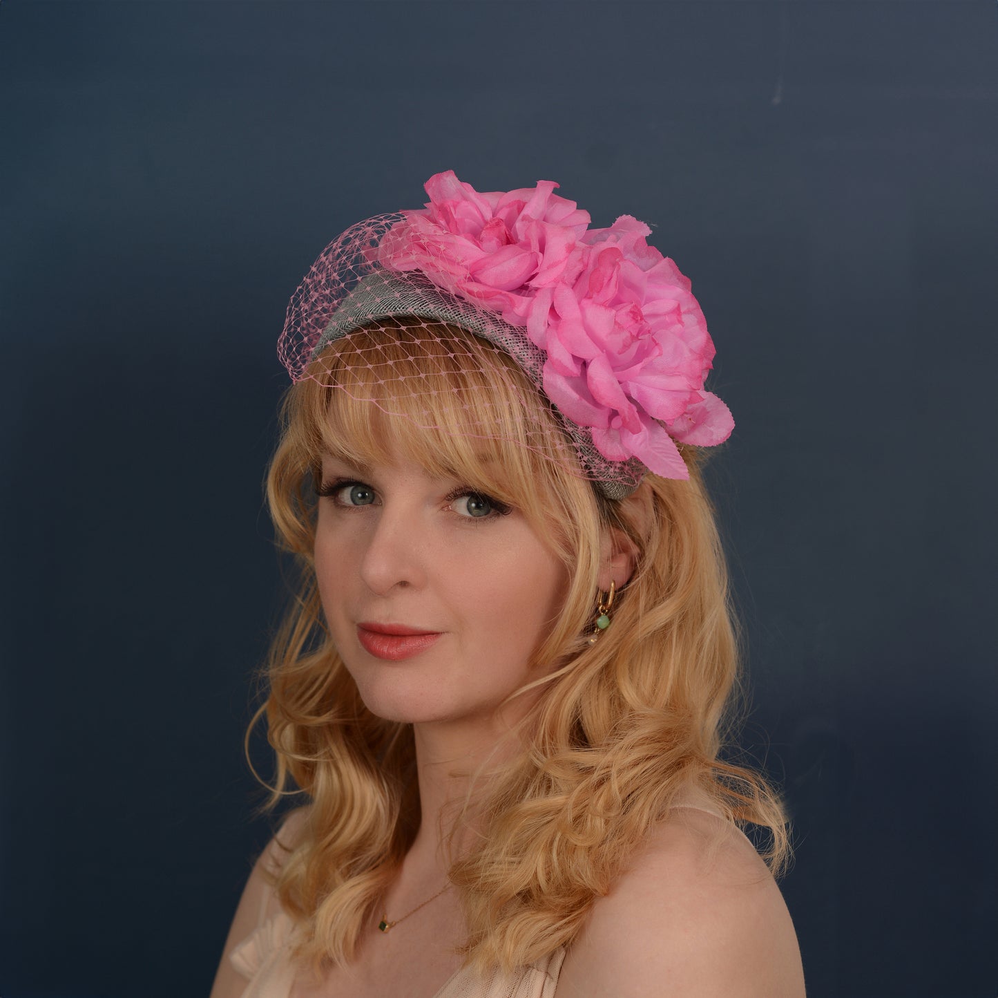 Grey and Pink Bandeau Headband Fascinator with Flowers and Net Veil