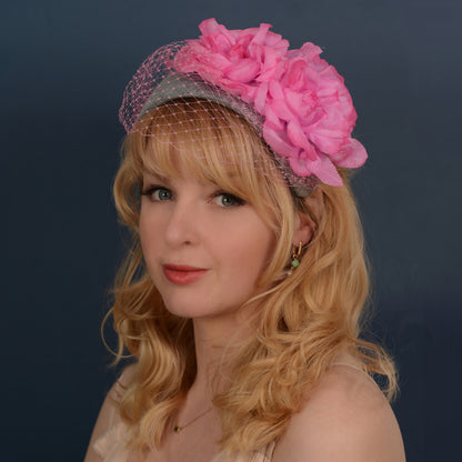 Grey and Pink Bandeau Headband Fascinator with Flowers and Net Veil