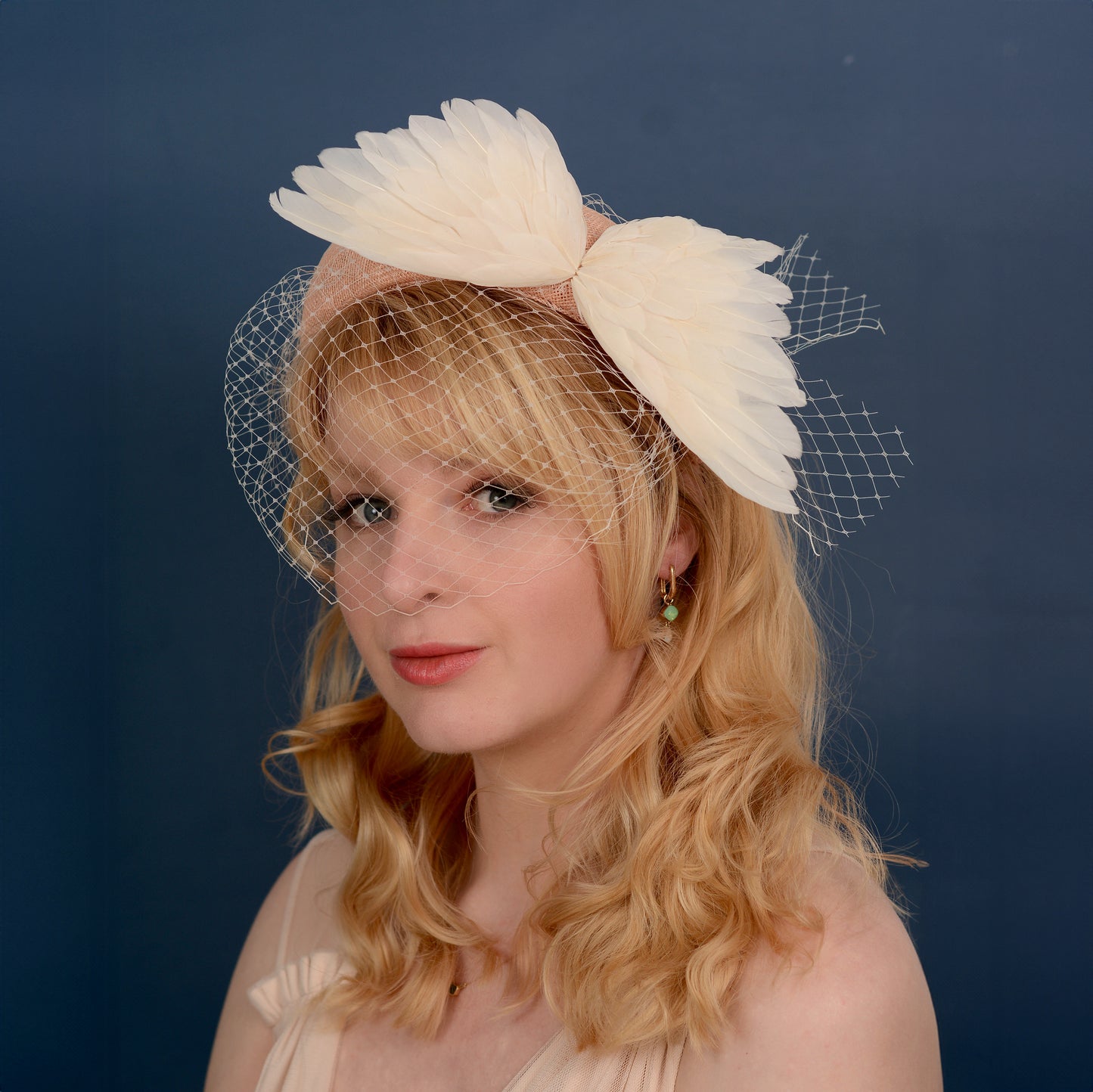 Blush Pink and Ivory Bird Wings Bandeau Headband Fascinator with Ivory Birdcage Veil