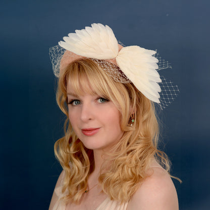 Blush Pink and Ivory Bird Wings Bandeau Headband Fascinator with Ivory Birdcage Veil