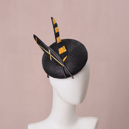 Black and Gold Perching Beret Hat with Feathers