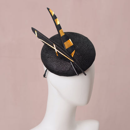 Black and Gold Perching Beret Hat with Feathers