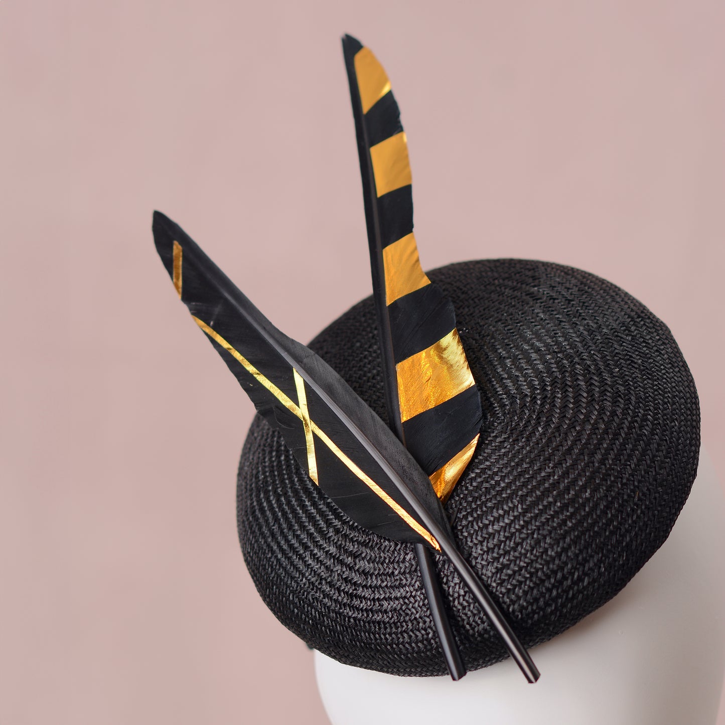 Black and Gold Perching Beret Hat with Feathers