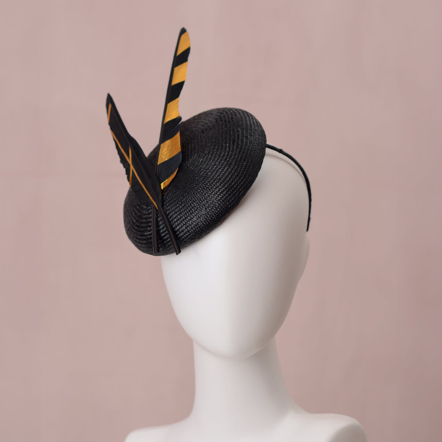 Black and Gold Perching Beret Hat with Feathers