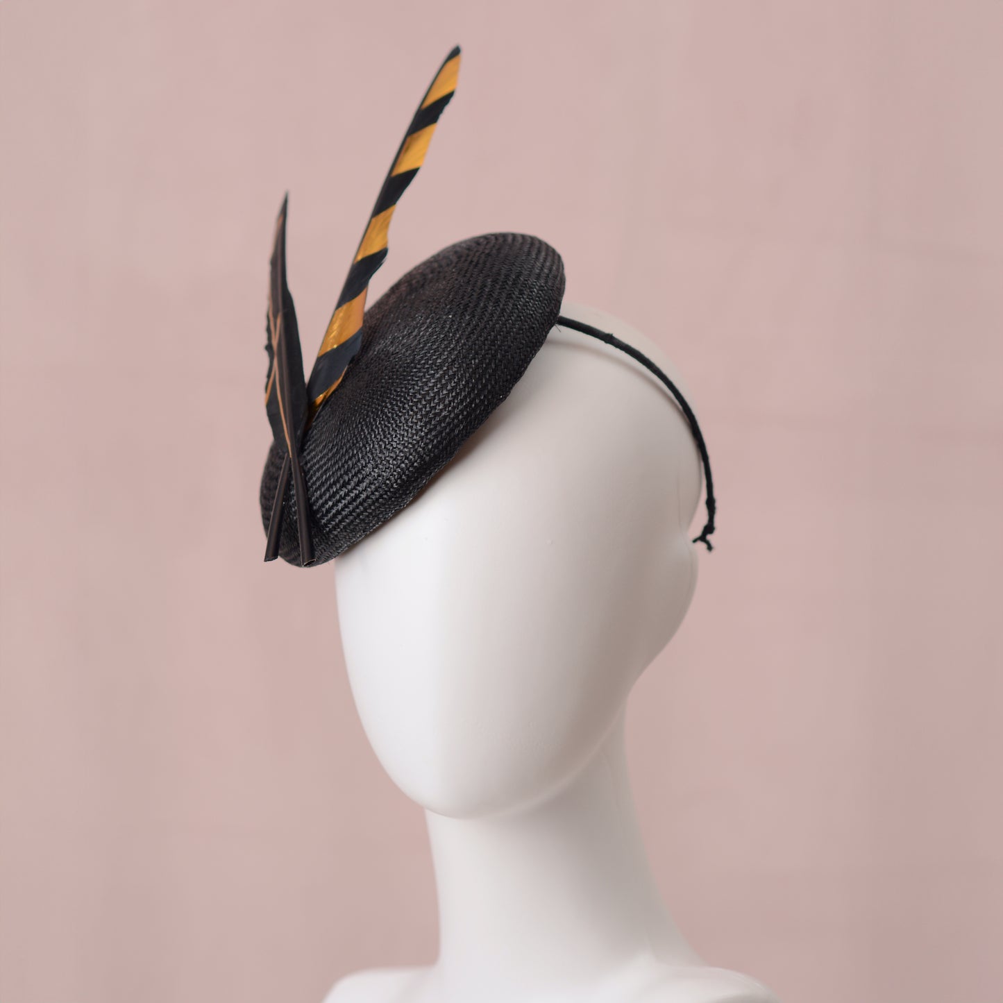 Black and Gold Perching Beret Hat with Feathers