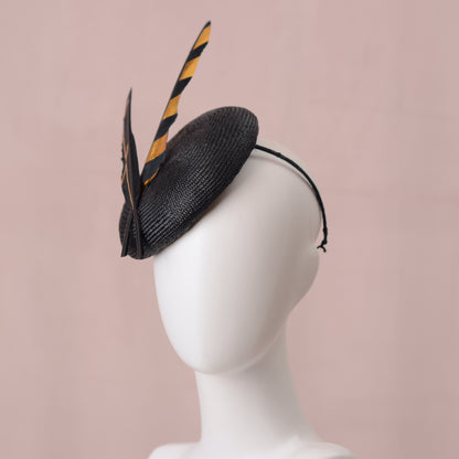 Black and Gold Perching Beret Hat with Feathers