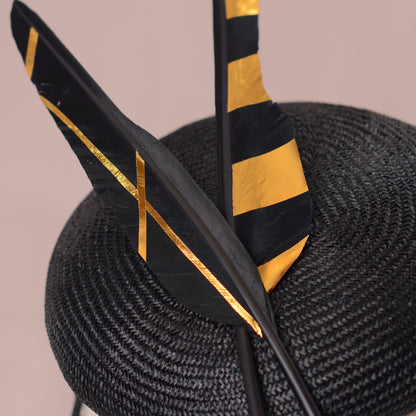 Black and Gold Perching Beret Hat with Feathers