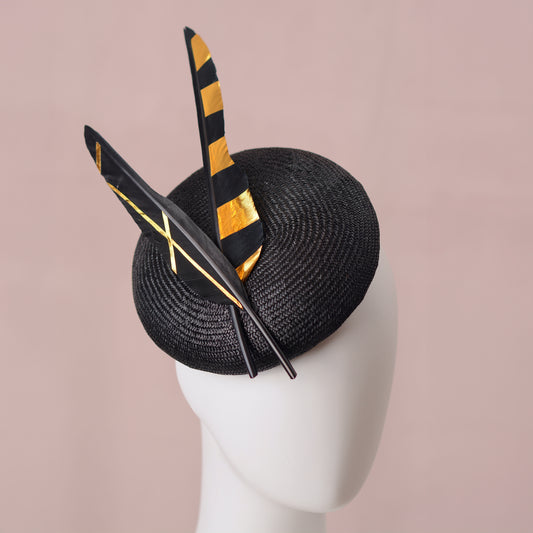 Black and Gold Perching Beret Hat with Feathers