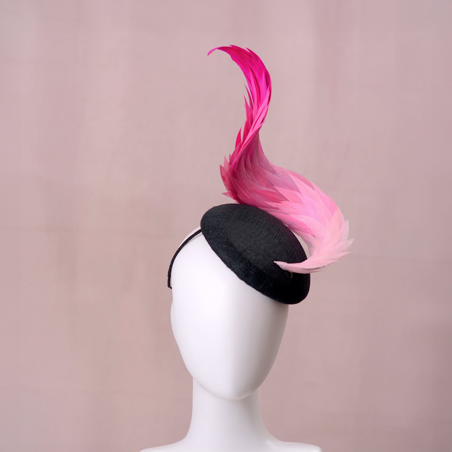 Black and Ombre Pink Perching Beret Hat with Feather Swirl