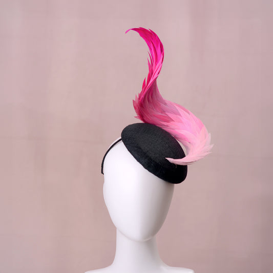 Black and Ombre Pink Perching Beret Hat with Feather Swirl