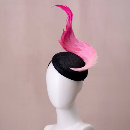Black and Ombre Pink Perching Beret Hat with Feather Swirl