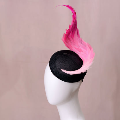 Black and Ombre Pink Perching Beret Hat with Feather Swirl