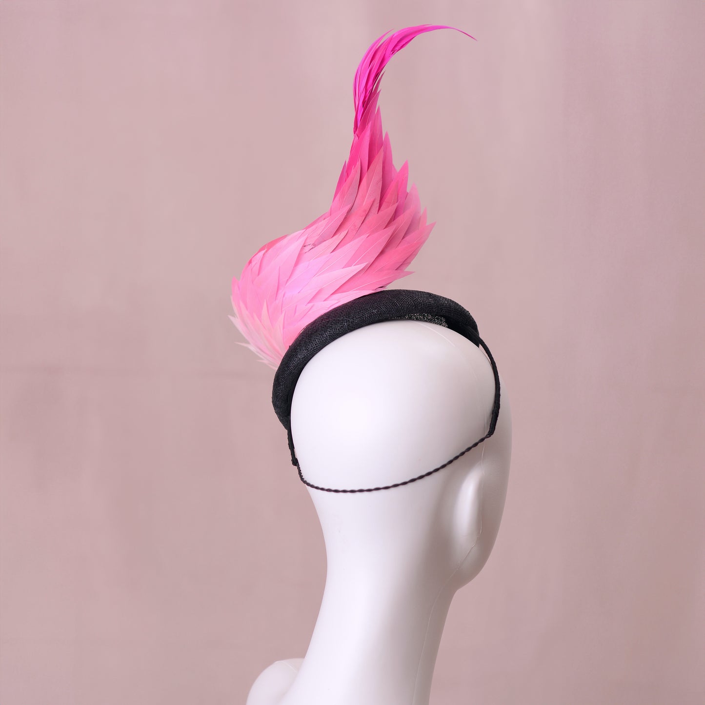 Black and Ombre Pink Perching Beret Hat with Feather Swirl