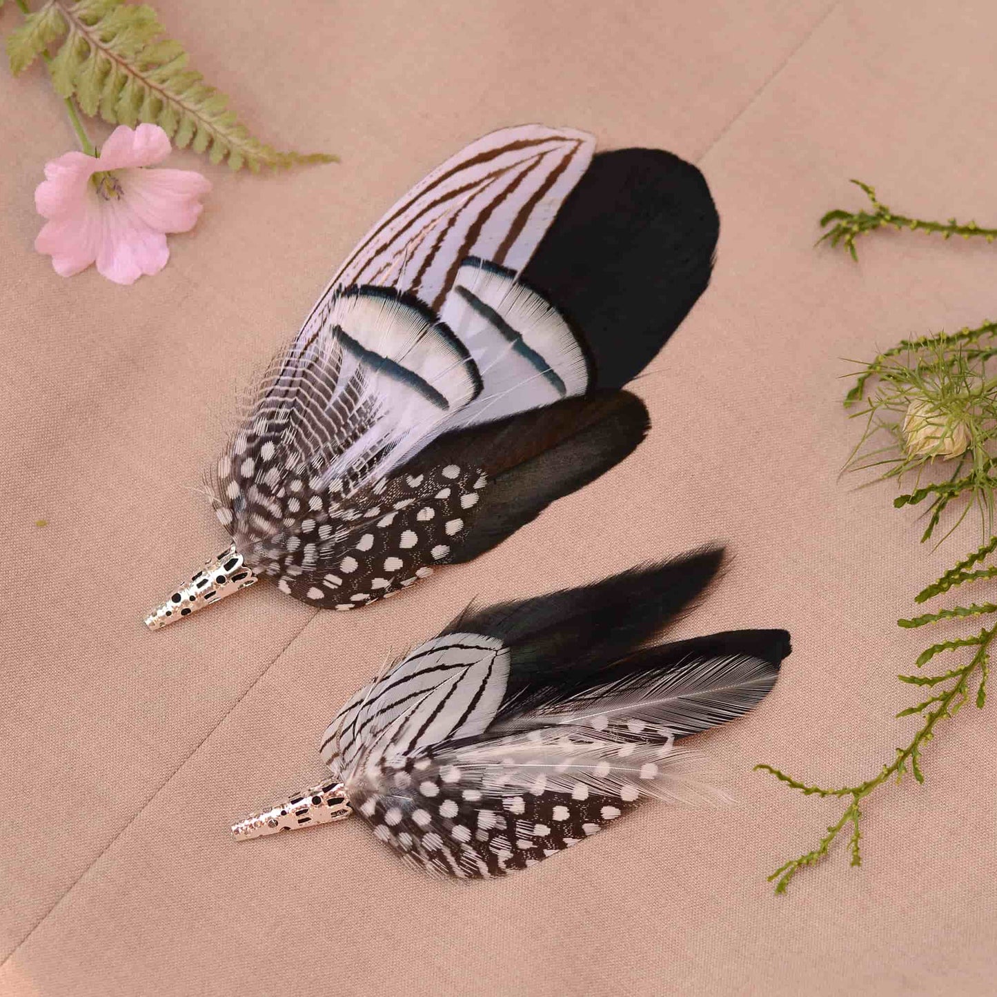 Feather Brooch Pins in Monochrome Black and White