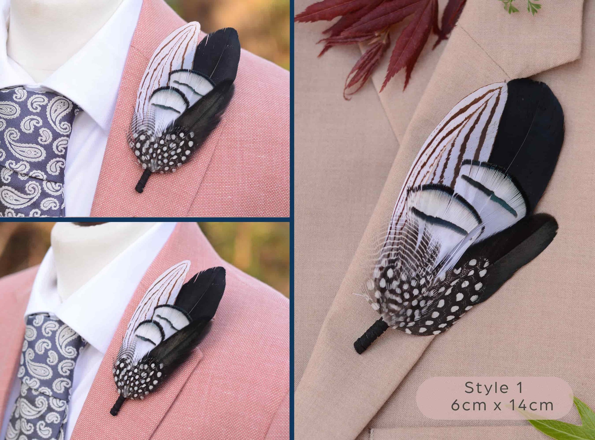 Large feathered lapel pin on a suit jacket with close-up details