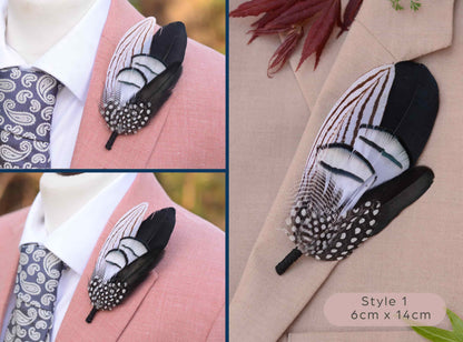 Large feathered lapel pin on a suit jacket with close-up details