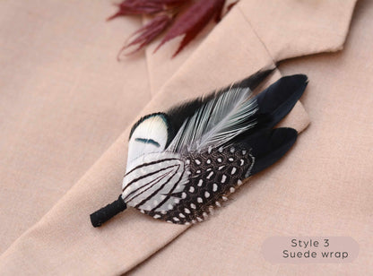 Feathered buttonhole on a beige coat with 'Style 3 Suede wrap' text.