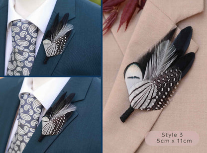 Feathered lapel pin on suits with adifferent angles and a close-up.