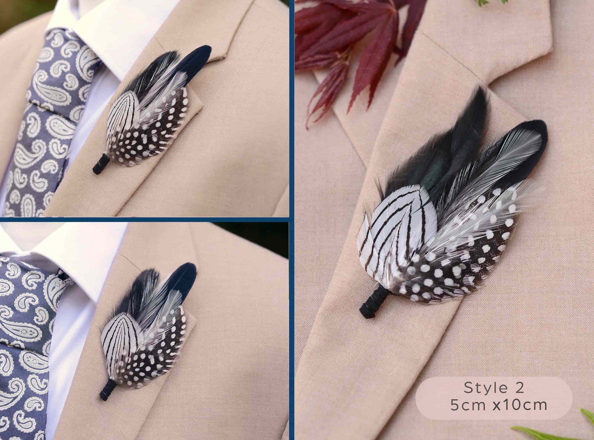 Black and white feathered lapel pin on a beige suit jacket with a close-up and additional view of the pin.