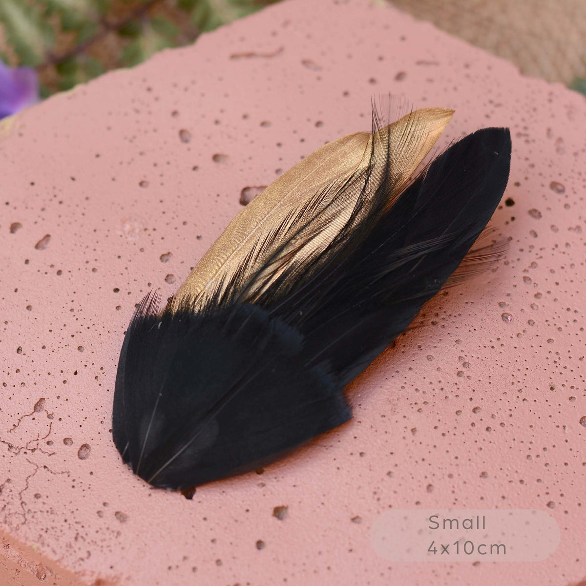 Small feather hair clip in black and metallic gold on a pink textured stone.