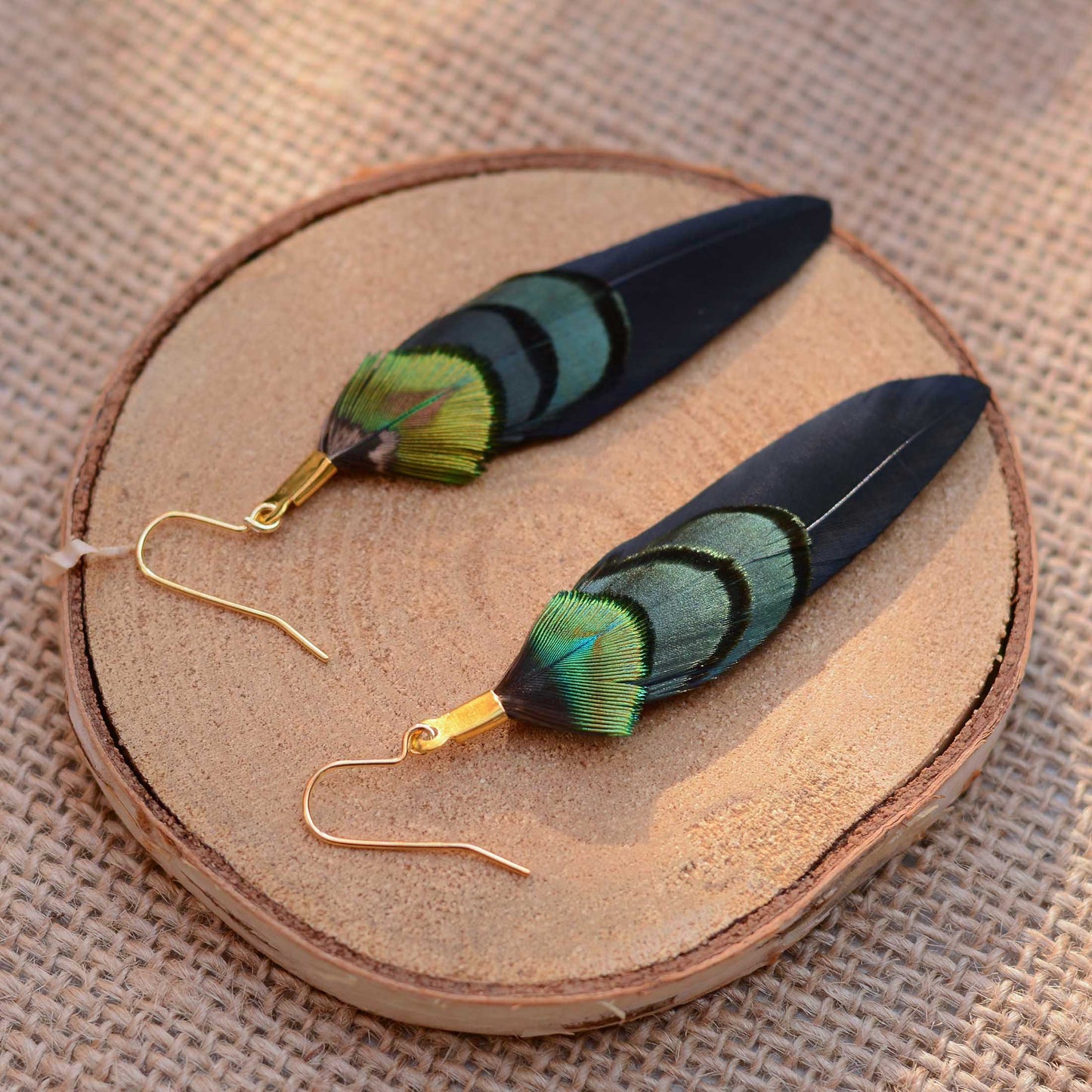 A pair of statement feather  drop earrings with iridescent green and blue feathers on black wing feathers and gold fishhook wires, displayed on a round wood slice over a textured wood surface.
