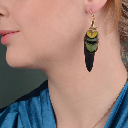 A close-up of a woman's side profile wearing a dangling feather earring. The earring features a gold-toned hook, and iridescent green and gold feathers on a black wing feather.
