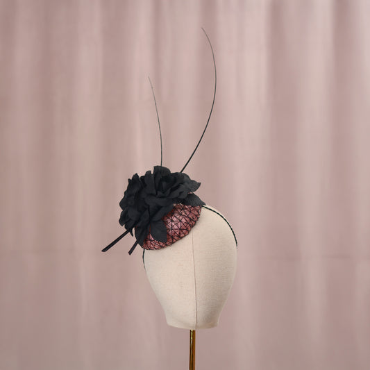 Black and Pink Button Fascinator with Black Roses and Feather Trim