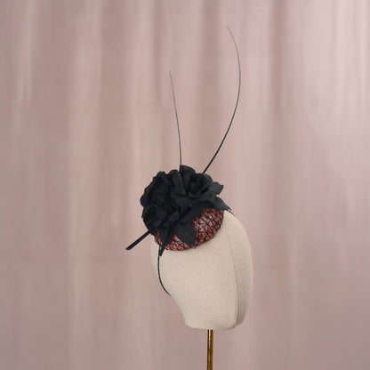 Black and Pink Button Fascinator with Black Roses and Feather Trim