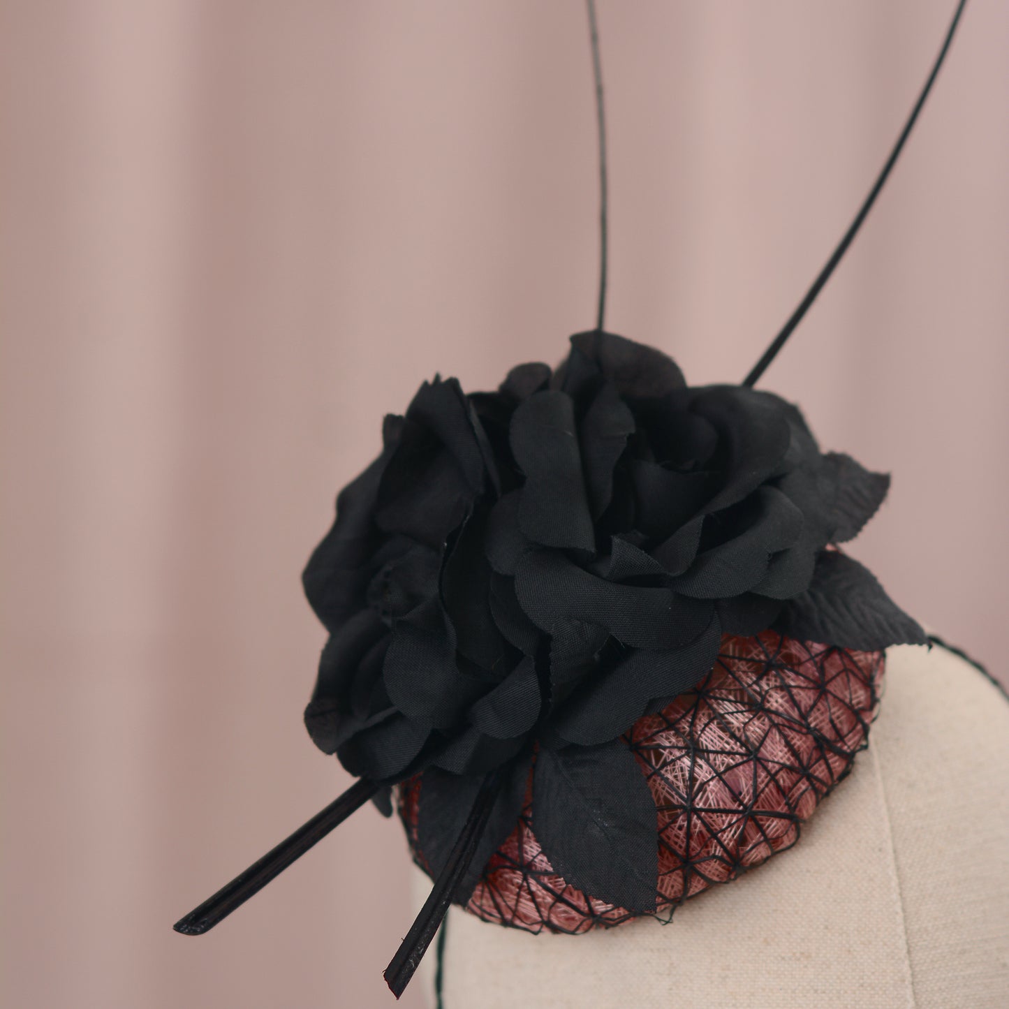 Black and Pink Button Fascinator with Black Roses and Feather Trim