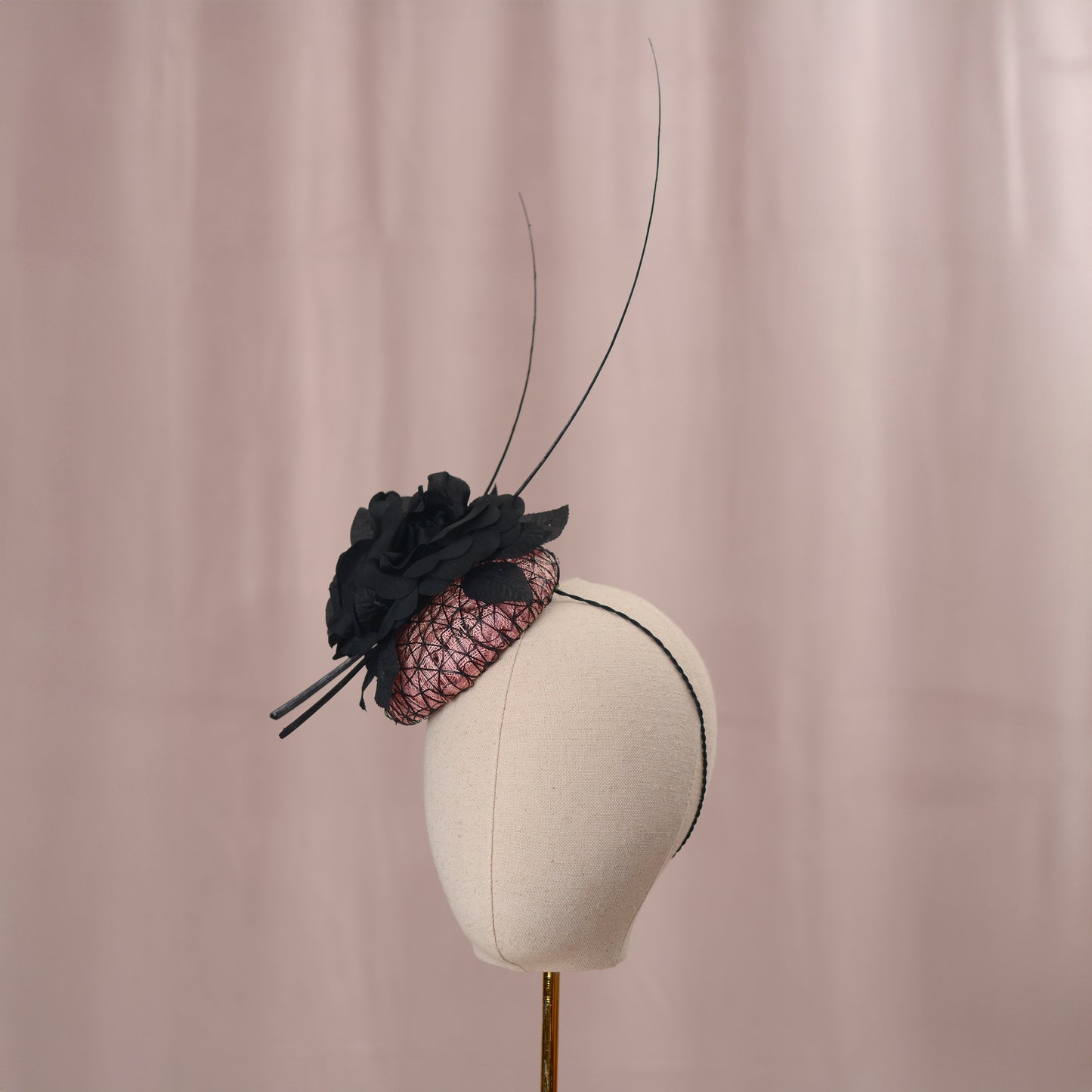 Black and Pink Button Fascinator with Black Roses and Feather Trim