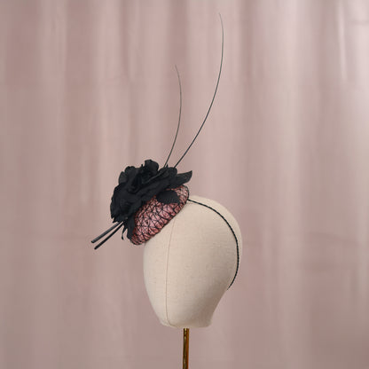Black and Pink Button Fascinator with Black Roses and Feather Trim