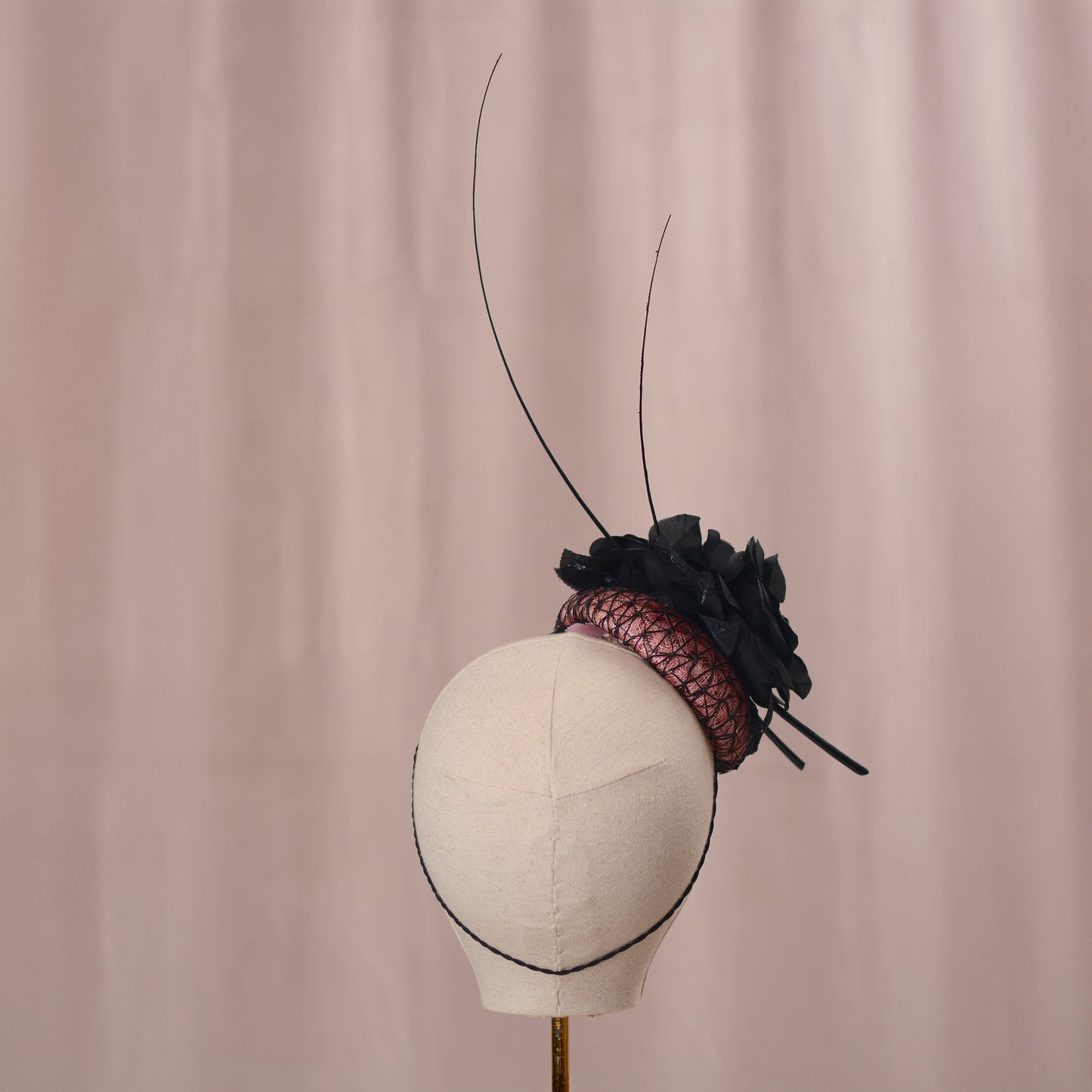 Black and Pink Button Fascinator with Black Roses and Feather Trim