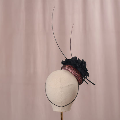 Black and Pink Button Fascinator with Black Roses and Feather Trim
