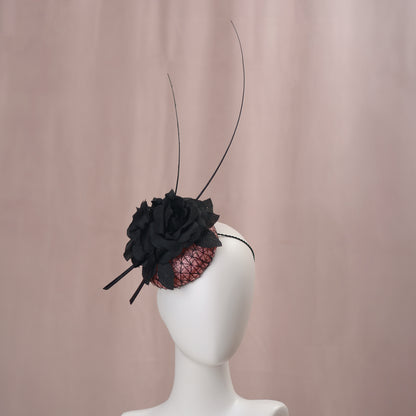 Black and Pink Button Fascinator with Black Roses and Feather Trim