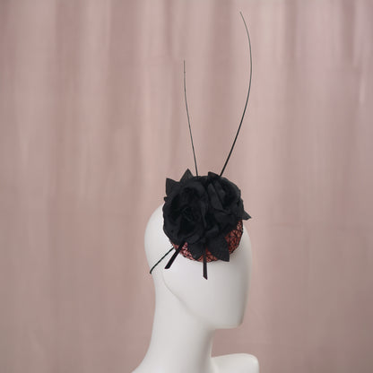 Black and Pink Button Fascinator with Black Roses and Feather Trim