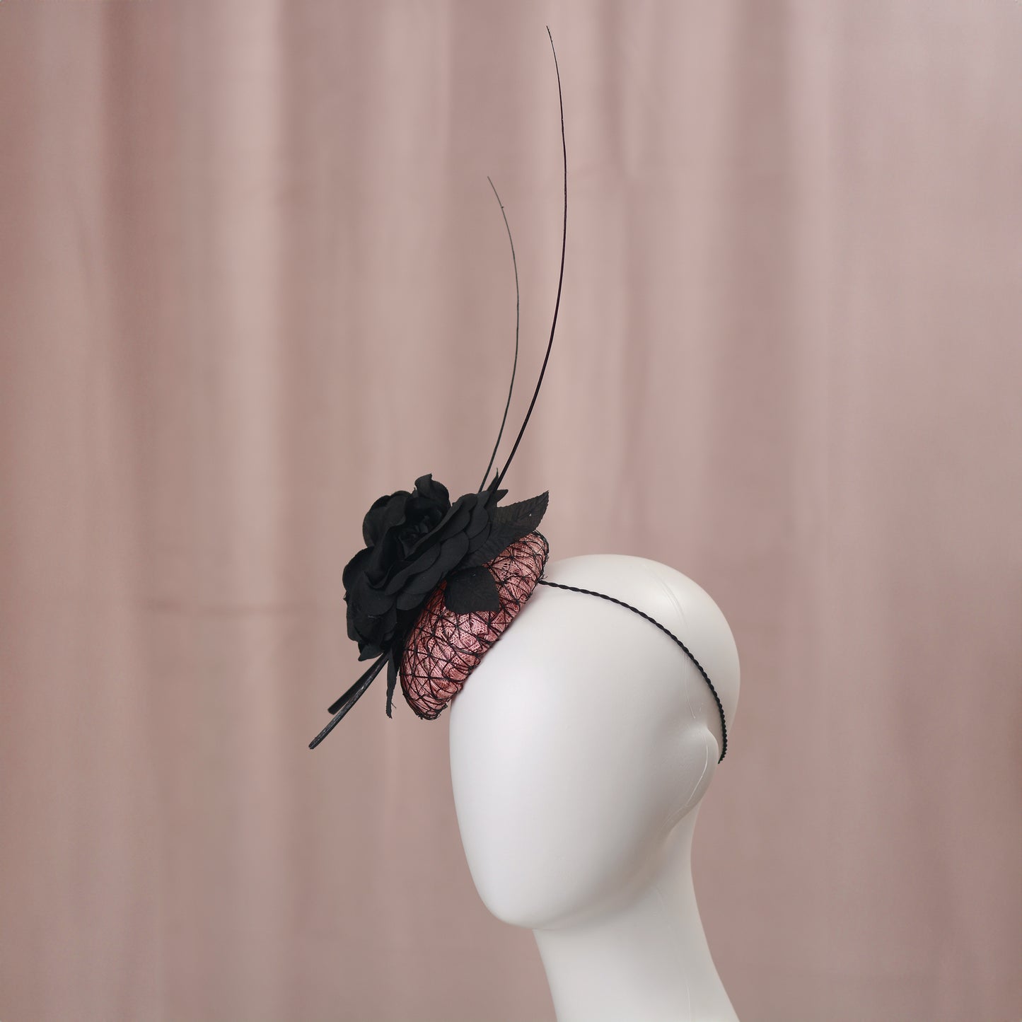 Black and Pink Button Fascinator with Black Roses and Feather Trim