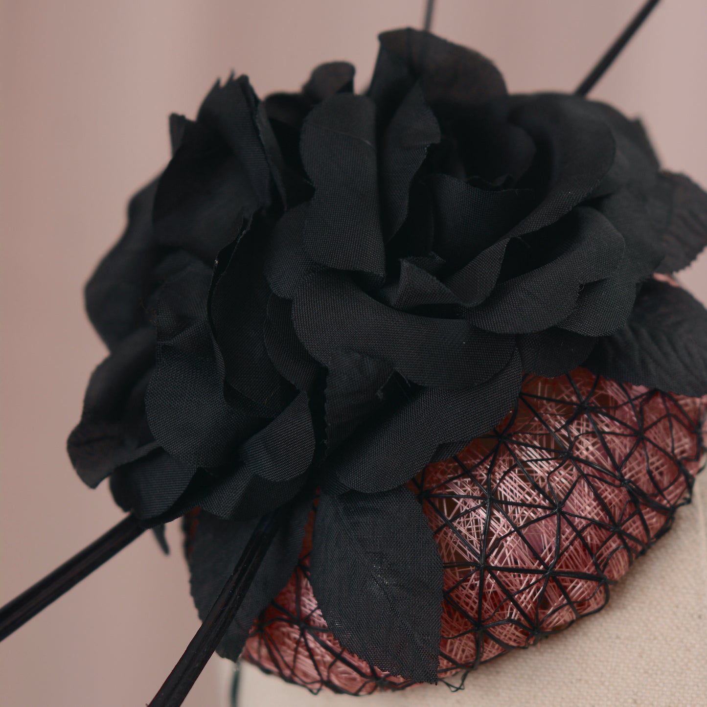 Black and Pink Button Fascinator with Black Roses and Feather Trim