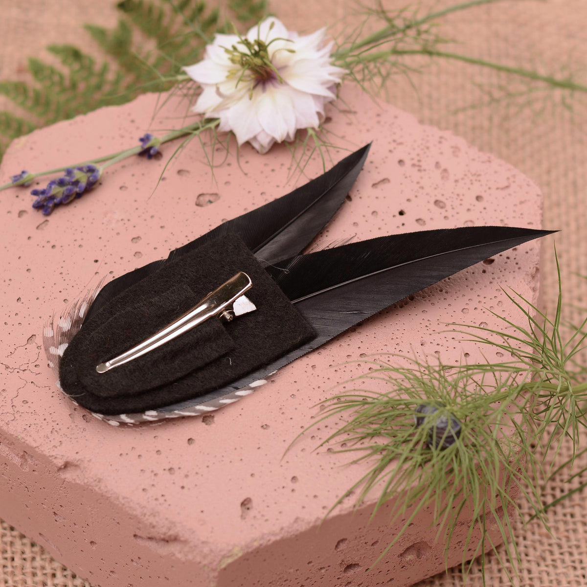 Black Monochrome  Feather Hair Clip with Polka Dots