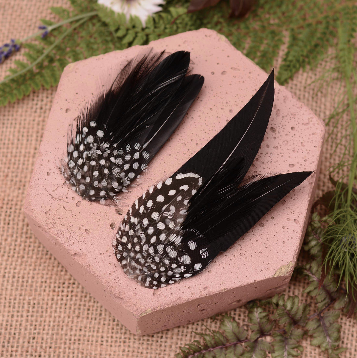 Two decorative black feather hair clips with white polka-dot spotted patterns, displayed on a pink hexagonal stone tile with burlap and green foliage in the background.